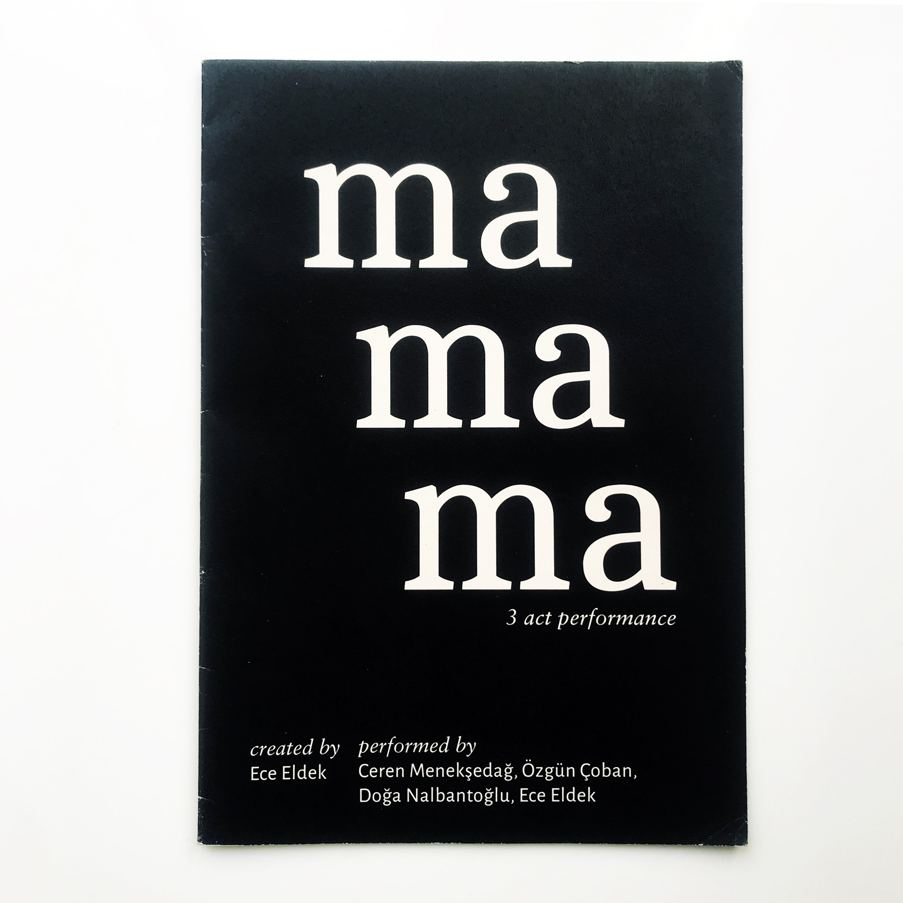 Black cover of the chapbook ma ma ma, 3 act performance