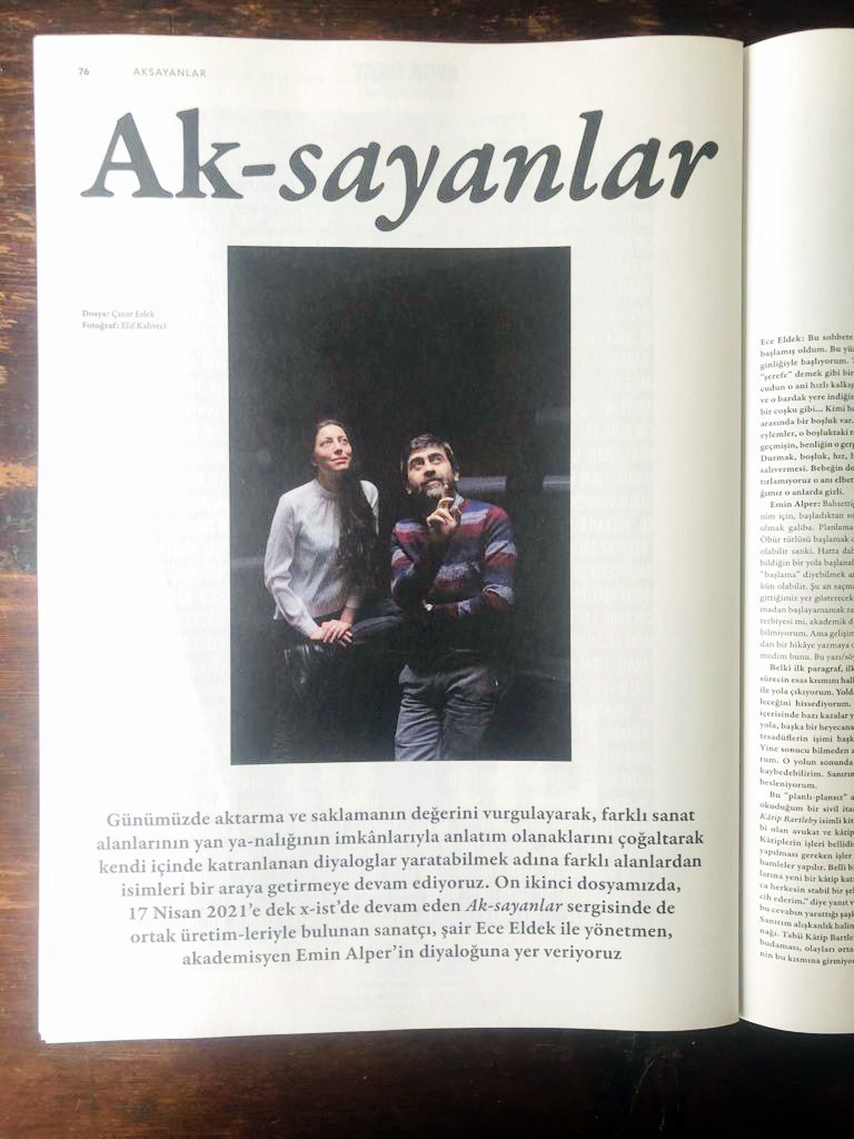 Magazine spread of the Ak-sayanlar series in Art Unlimited with Emin Alper and Ece Eldek
