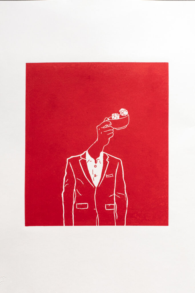 Red linocut The Dice Man: a figure in a suit whose head is replaced by dice
