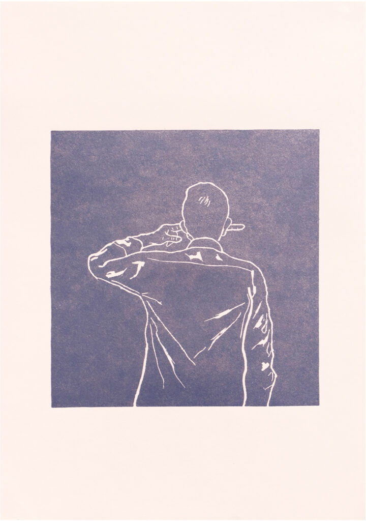 Blue linocut Too Much Information: a man seen from behind holding his head