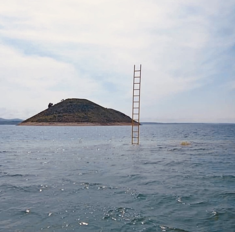Ladder of Rising standing in the water after the lake level rose